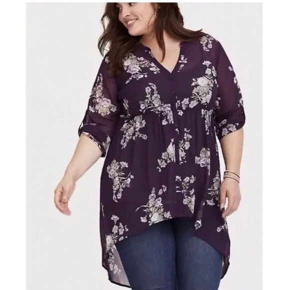 Torrid Purple Floral Chiffon Hi-Lo Tunic Blouse Sz.2 - Picture 2 of 14